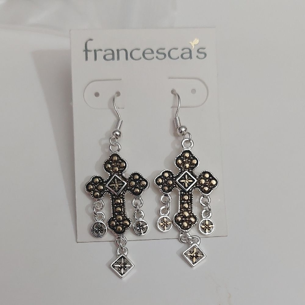 Francesca's Collections Black and Gold Tone Gothic Cross Dangle Earrings